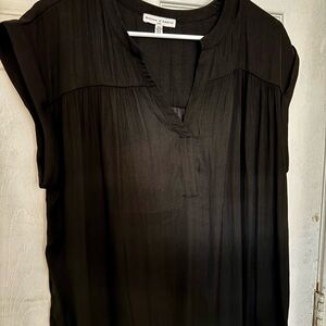 Black Ribbed Cap Sleeve Blouse with Mandarin Collar